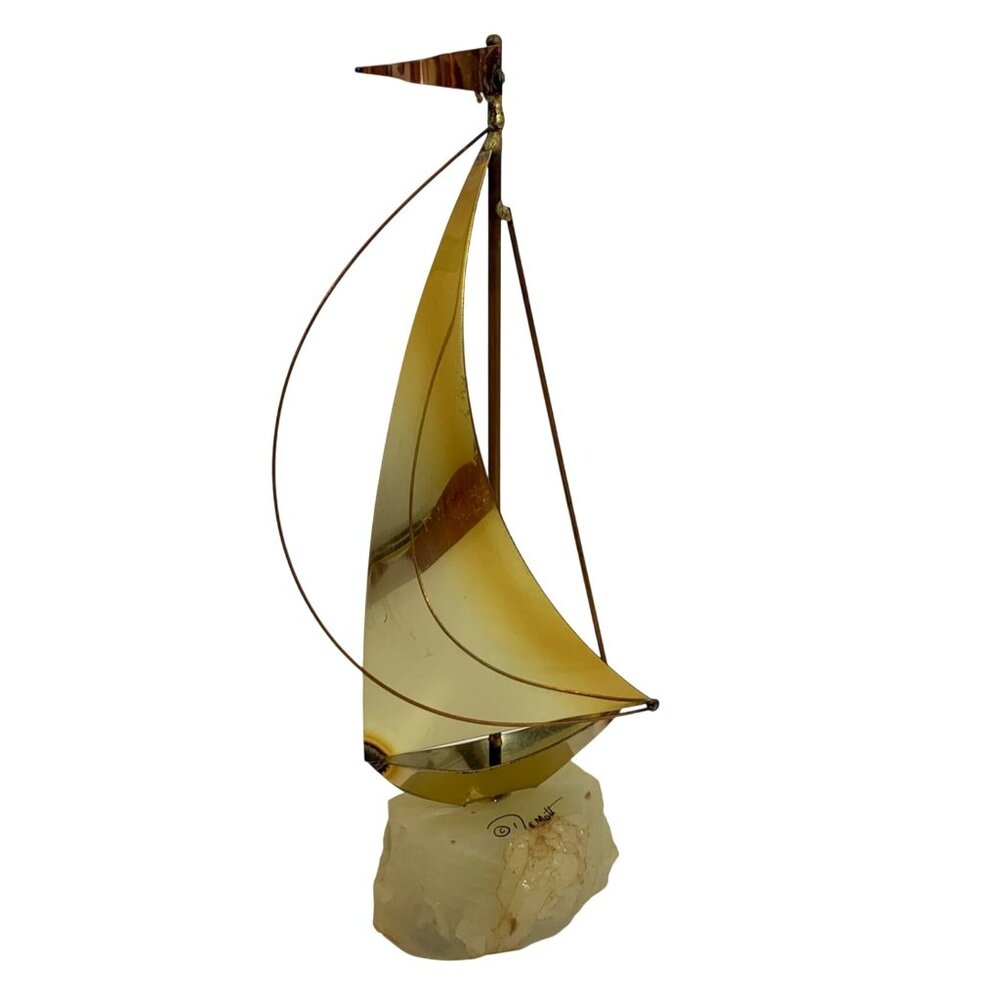 John DeMott Signed Brass Art Sailboat Sculpture Mounted On Alabaster 1970s 9”